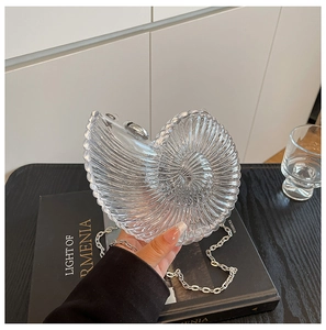 Macro detail of conch-shaped acrylic handbag featuring radial ribs and silver chain
