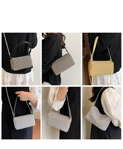 Detailed views of sparkly rhinestone crossbody pillow bag in multiple colors on a model