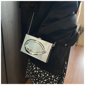 Detail of silver acrylic box bag featuring a large metal C-shaped handle and chain strap