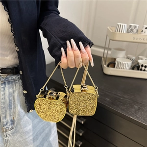 Gold glitter acrylic heart and square mini evening bags with elegant metal chain strap
