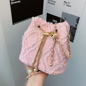 Women Vintage Denim Bucket Bag Frayed Diamond Lattice Quilted Gold Chain Strap Artificial Pearl Drawstring Casual Shoulder Handbag
