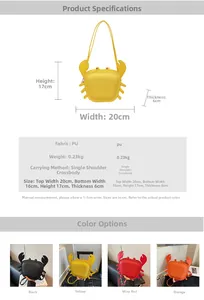 Detailed size chart and multi-color crab-shaped PU leather crossbody bags display
