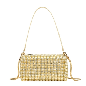 Chic rhinestone evening pillow bag for women with gold crystals and metal chain strap