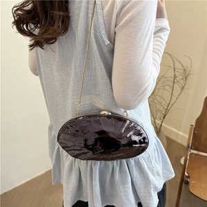 Glossy water-ripple pattern shell clutch bag in dark brown with gold chain strap