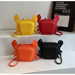 Creative crab-shaped crossbody bags in yellow, red, orange, and black lychee leather