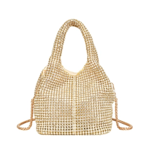 Sparkling gold rhinestone bucket bag with metal handle and elegant chain strap for women