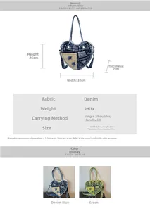 Detailed size chart and technical specifications for heart-shaped denim shoulder bag