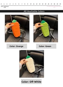 Detailed views of carrot-shaped cross-body bags in orange, green, and off-white colors