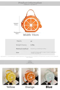 Detailed size chart for lemon-shaped PU crossbody bag with specific dimensions and weights