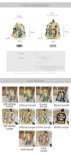 Size chart showing dimensions for small and large cute cartoon student backpacks