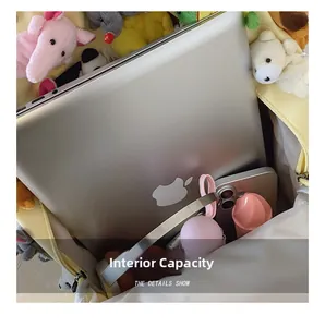 Internal view showing large storage capacity of the yellow canvas backpack for students