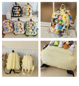 Detailed views of kawaii backpacks featuring colorful 3D plush doll decorations in five colors