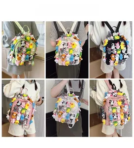 Detailed views of Japanese style backpacks featuring cute assorted plush doll decorations