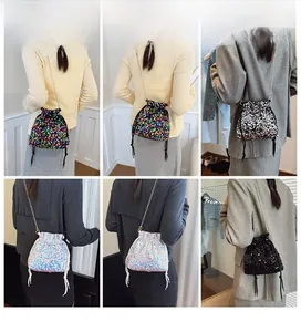 Collage of sequins bucket bag variants with metal chain strap worn by a model