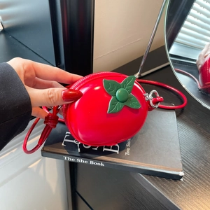 Mini Sac Bandoulière En Forme De Pomme Tomate Cuir PU Brillant Sac À Épaule Rond Avec Feuille Verte Pour Femmes Filles
