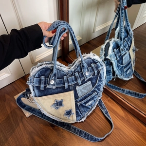 Heart Shape Denim Shoulder Bag Frayed Edge Star Patch Y2K Retro Street Style Handbag Crossbody Tote For Women
