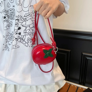 Mini sac bandoulière japonais en forme de tomate en similicuir rouge brillant avec feuilles