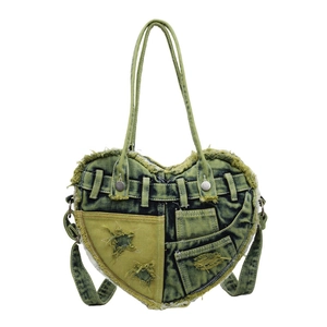 Y2K green denim heart-shaped shoulder bag with star embroidery and fringe details