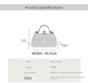 Detailed dimensions of white pearl evening clutch with metal handle and chain strap