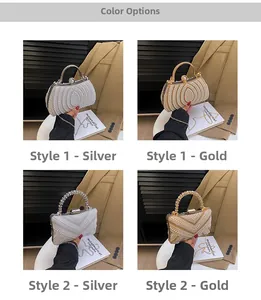 Selection of elegant pearl evening bags in gold and silver with metal chain straps