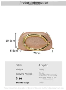 Size chart for rose gold glitter clutch featuring metal handle and crossbody chain