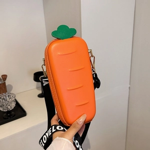 Funny Carrot Shape Crossbody Bag PU Leather Mini Shoulder Phone Bag With LOVE Letter Print Wide Strap For Women Girls