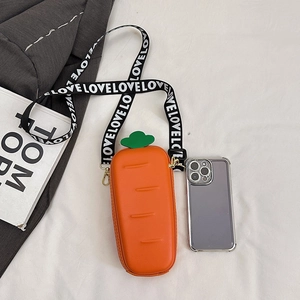 Cute carrot shaped crossbody bag in orange faux leather with LOVE lettered strap and phone
