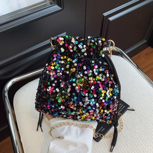 Shiny Sequin Bucket Bag Drawstring Crossbody Shoulder Bag With Metal Chain For Women Evening Party Fashion