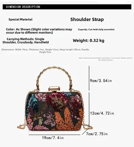 Größentabelle für Pailletten-Abendtasche mit Maßen 19x7x12 cm und Metallkettenriemen