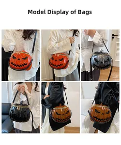 Model display of pumpkin crossbody bag in orange, black, and silver for Halloween style