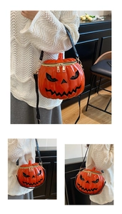 Detail view of pumpkin-shaped crossbody bag with orange PU texture and Jack-o'-lantern face