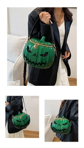 Detailed views of bright green pumpkin crossbody bag with black jack-o'-lantern face detail