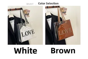 Duo-Ansicht transparenter PVC-Shopper in Weiß und Bernsteinbraun mit LOVE-Innentaschen