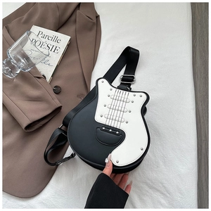 Creative electric guitar shaped crossbody bag with silver studs and wide strap detail