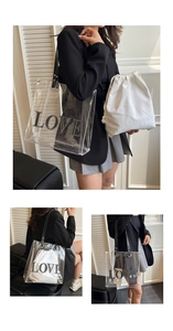 Detail der transparenten PVC-Tasche mit LOVE-Text und herausnehmbarem Canvas-Beutel