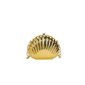 Golden seashell clutch evening bag with pleated metallic finish and elegant chain strap