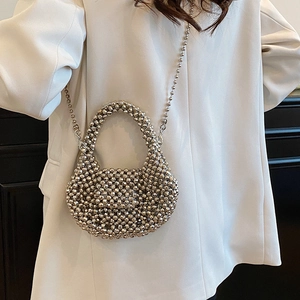 Silver beaded mini crossbody bag with metallic weave design and delicate ball chain strap