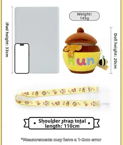 Detail view of honey pot plush bag dimensions with iPad for size reference