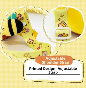 Adjustable yellow crossbody strap with 3D plush bee and cartoon prints for kids bag