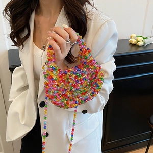 Colorful beaded crossbody bag with vibrant beads and detachable long shoulder strap