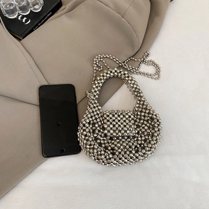 Mini silver metallic beaded handbag with long chain strap and woven design for women