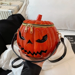 Halloween Pumpkin Crossbody Bag Glossy PU Leather Round Shoulder Handbag Jack-O-Lantern Face Novelty Party Purse Women