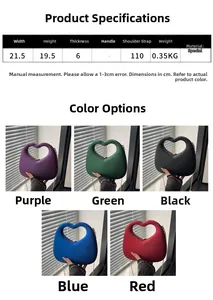 Size chart and dimensions for the acrylic heart clutch with chain strap details