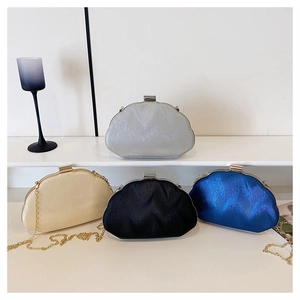 Macro shot of stylish acrylic shell evening bags with pleated texture and metal chains