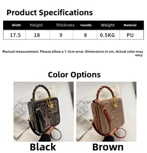 Detail view of vintage square crossbody bags with letter embossing in black and brown PU