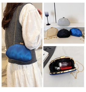 Chic shell-shaped evening clutch bags in multiple colors with gold chain straps and sleek linings
