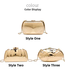 Detailed view of three metallic gold evening clutch bags with different textures and chains