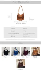 Detailed size chart and multi-color options for bohemian suede tassel shoulder bag
