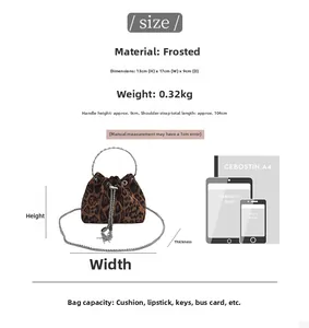 Leopard print bucket bag dimensions and size comparison with phone and tablet