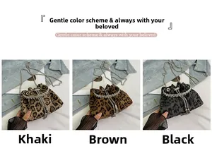 Three leopard print bucket bags in khaki, brown, and black with silver chain straps